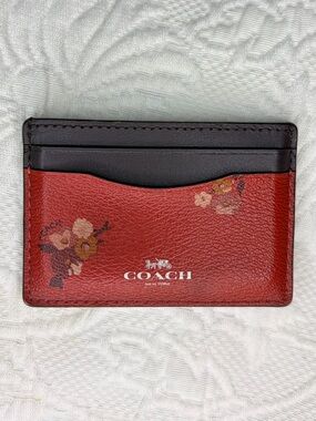 Coach Red Floral Leather Card Holder with Black Trim